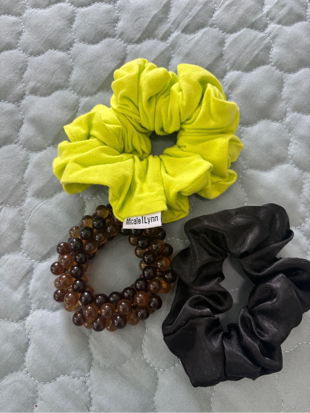 Hair Scrunchies Lime Green, Black & Beads Soft Fabric Hair Accessory -